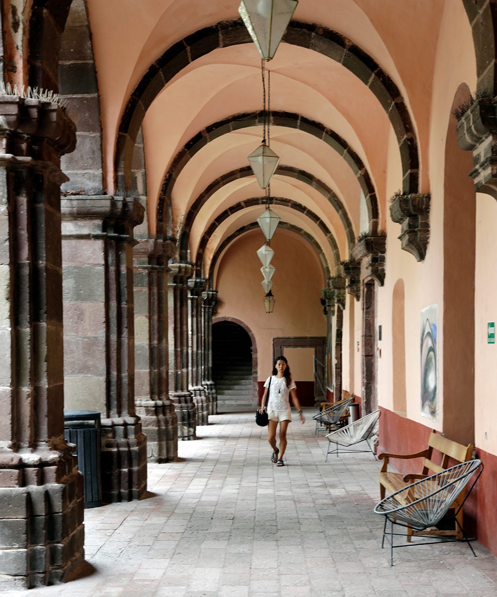 Arched walkway at El Centro culture Ignacia Ramrez - “Bellas Artes.” The 18th Century building was originally the cloister of the convent of the immaculate conception