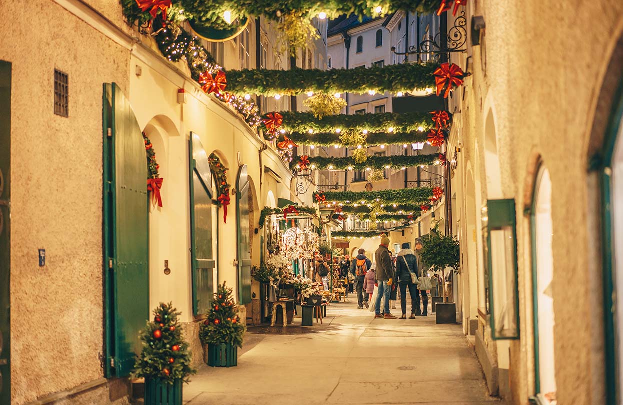 Salzburg old town city streets decorated for Christmas advent, Image by Calin Stan, Shutterstock