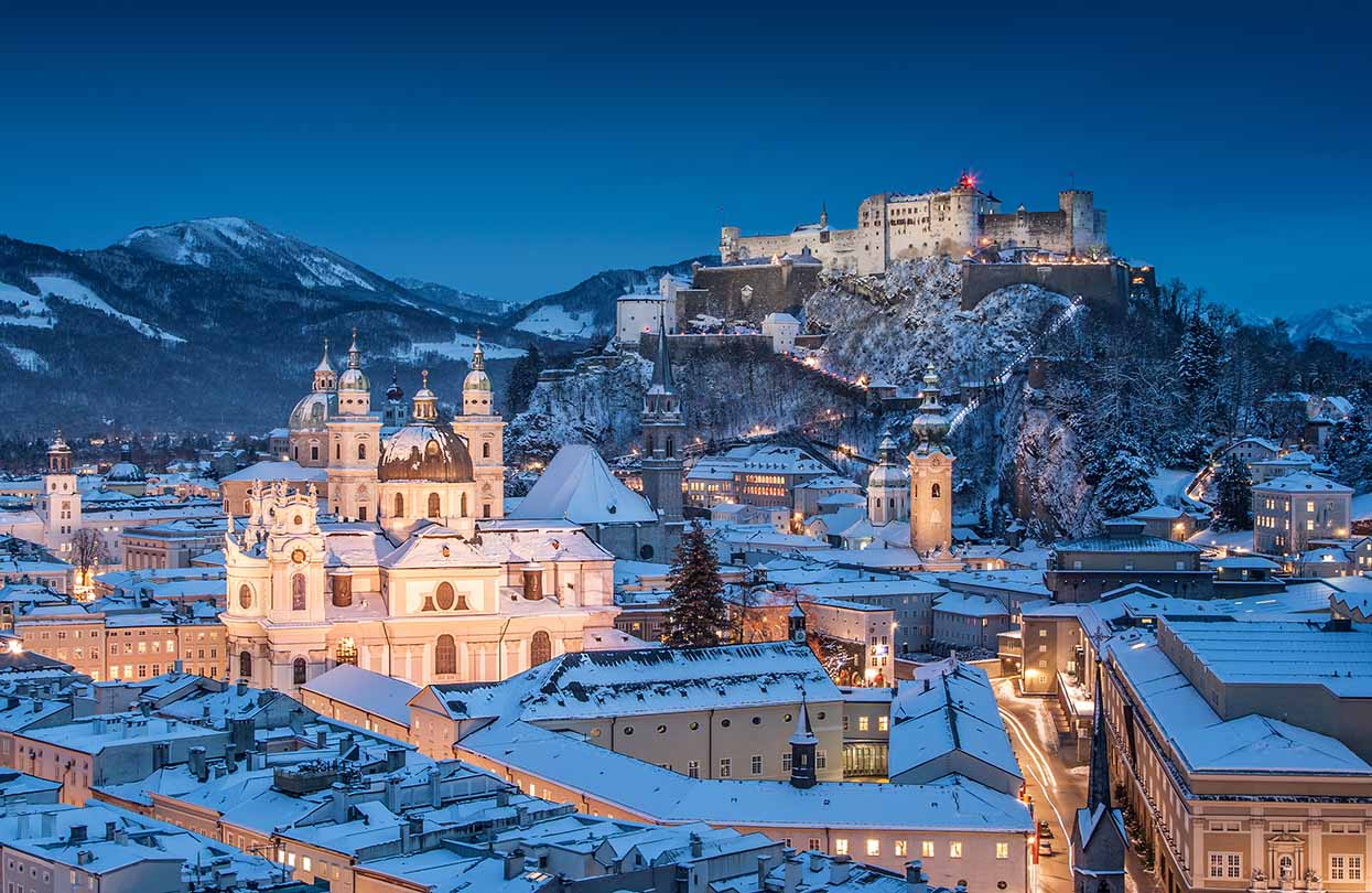 Salzburg Cathedral and famous Festung Hohensalzburg illuminated in beautiful twilight during Christmas, Image by canadastock, shutterstock